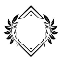 Elegant Black and White Decorative Geometric Frame with Laurel Leaf Accents, Symmetrical on White Background. vector