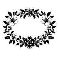Elegant Black and White Floral Wreath, featuring detailed flowers and leaves, forming an ovalshaped frame against a clean white background. vector
