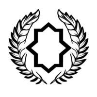 Black and white geometric emblem featuring a starlike shape within a laurel wreath composed of stylized feathers, minimalist . vector