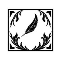 Elegant Black and White Square Composition Featuring a Feather Centerpiece within Floral, Leafy Border . vector