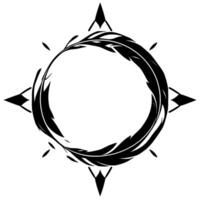 Abstract black and white A circular feather wreath, framed by stylized compass points and a bright transparent halo, set against a white background. vector