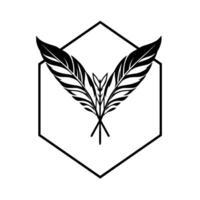 A bold black and white featuring stylized crossed feathers within a hexagon, evoking nature, elegance, and . vector