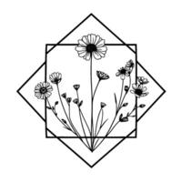 Minimalist black and white botanical illustration featuring a cluster of daisies and wildflowers within an intersecting geometric diamond. vector