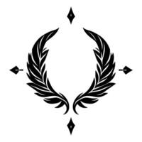 Symmetric black feather laurel wreath with diamond and arrow accents on a white background, emblem . vector