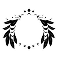 Symmetrical black and white stylized wreath with leaves and geometric elements, minimalist on white background. vector