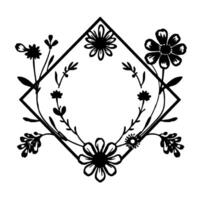 Geometric floral frame with various flowers and foliage, showcasing a minimalist and elegant monochrome for decoration. vector