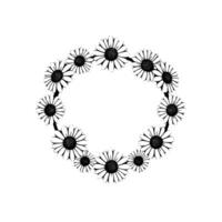 A stylized, blackandwhite illustration of a daisy wreath arranged in a circular, elegant on a plain white background. vector