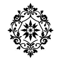 Symmetrical black floral on white background ornate pattern featuring stylized flowers, leaves, and an eightpointed star within an oval frame. vector