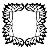 Black and white, symmetrical illustration of a square frame adorned with stylized leaves, creating a decorative border. vector