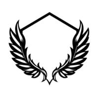 Black and white creststyle emblem featuring stylized feather wings flanking a geometric hexagon frame, minimalist . vector