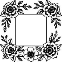 Elegant floral frame illustration in black and white with roses and leaves forming a square border, perfect for invitations. vector