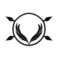 Minimalist black and white featuring stylized feathers within a circle, accented by surrounding leaves on a plain background, evoking natural elegance. vector