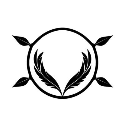 Minimalist black and white featuring stylized feathers within a circle, accented by surrounding leaves on a plain background, evoking natural elegance.