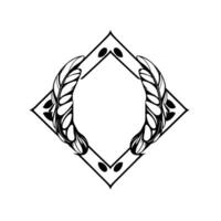 Black and White Ornamental Featuring Stylized Feathers Forming a DiamondFramed Empty Space, Clean, Minimalist Aesthetic. vector