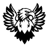 A bold, black and white stylized illustration of an eagle with spread wings, exuding strength and power, against a stark white background. vector