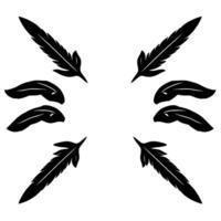 A symmetrical black and white illustration featuring stylized feathers and leaves arranged in a radial pattern on a blank white background. vector