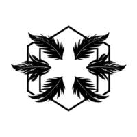 Symmetrical Black Feather Within a Geometric Hexagon Frame, Isolated on White Background, Illustrative Artwork. vector