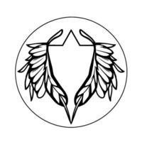 A monochrome symmetrical emblem featuring stylized angel wings and a sixpointed star within a circular frame, symbolizing protection and divine grace. vector