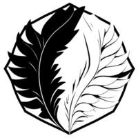 YinYang Symbol with Stylized Black and White Feathers within a Hexagon Frame, Representing Balance and Contrast. vector
