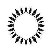 Black and White Leafy Hexagon Frame with Artistic Illustration on Clean White Background. vector