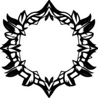 Ornate, symmetrical black and white floralleafinspired geometric wreath frame with sharp angles and stylized forms, centered, blank. vector