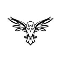 Powerful Black and White Illustration of a stylized eagle in flight with spread wings, displaying a fierce and determined expression, set against a clean white background. vector