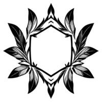 Symmetrical black and white feather wreath with a hexagonal frame, a minimalist, decorative illustration. vector