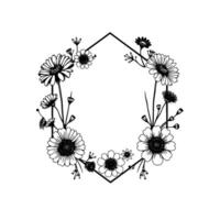 Elegant Black and White Floral Wreath, Outlining a Hexagonal Frame Delicate Daisies and Botanical Elements in Artistic, Minimalist Style. vector
