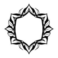 Elegant, Black and White Octagonal Floral Frame with Leafy Elements, Symmetrical on White Background. vector