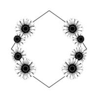 Geometric Floral Frame An elegant black and white of daisies arranged around a hexagonal outline on a pristine white background. vector