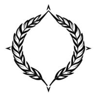 Black and white minimalist illustration of a symmetrical feather wreath with compasslike arrow accents, set against a clean white background. vector
