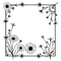 Elegant Black and White Daisy Frame A delicate floral border featuring intricate line art daisies and a simple geometric outline on a blank white background, perfect for invitations or station vector