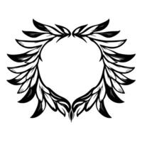 Symmetrical Black and White Illustration of a Stylized Leaf Wreath with a Blank, Circular Center, on a White Background. vector