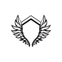 Elegant Monochrome Emblem Featuring Feathered Wings Embracing a Geometric Shield on a Clean White Background. vector