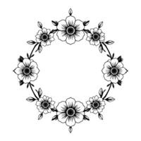 Intricate floral wreath illustration in black and white, featuring stylized blossoms, leaves, and stems arranged in a circular pattern with a minimalist aesthetic. vector