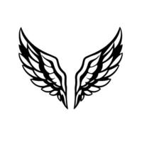 Symmetrical black and white illustration of angel wings spread, detailed feather with sharp contrast on a white background. vector