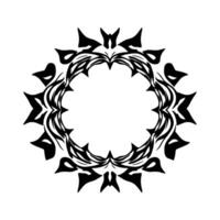 Intricate, symmetric, black and white tribalinspired circular artwork featuring stylized angular shapes and a minimalist aesthetic. vector