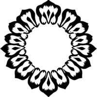 Circular black and white floral resembling a symmetrical, stylized garland or ornamental frame with a contrasting blank center space. vector