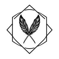 Geometric Monochrome Two Crossed Feathers within a Hexagon and Diamond Outline, Symbolic on White. vector