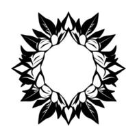 Symmetrical Floral Black and White Stylized Foliage Forming a Circular Frame with a Central DiamondShaped Opening. vector