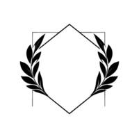 Minimalist Black Leaf Wreath , Enclosing a Geometric Rhombus and Square Frame on White Background, Modern Floral Emblem. vector