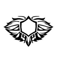 Black and white symmetrical tribal crest , featuring shield center, stylized feather and leaf elements. vector