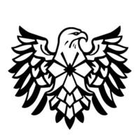 Bold Black and White Emblem of a Stylized Eagle with Geometric Wings and a Central Starburst , Isolated on White. vector