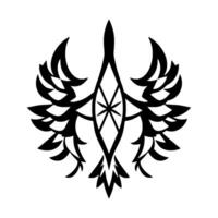 Symmetrical Black and White Abstract Bird with Star and Geometric Wing Designs, Minimalist Aesthetic on White Background. vector