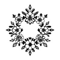 Intricate Black and White Floral Wreath with Detailed Petals, Leaves, and Symmetrical Composition, Isolated on White. vector