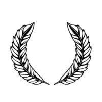 A symmetrical, minimalist black and white illustration of two stylized feather branches forming a circular laurel on a stark white background. vector