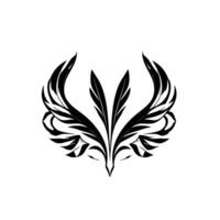 Symmetrical Black Feathered on White, Featuring a Central, Stylized Bird Shape with Flowing Wings and Elegant Details. vector