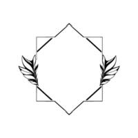 Geometric Black Frame with Feather Embellishments on White, Minimalist Floral . vector