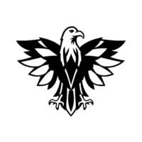 Stylized Black and White Eagle with Geometric Wing Patterns, Open Wings, Powerful Presence, and Simplified Claws on White Background. vector