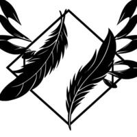 A symmetrical blackandwhite geometric composition featuring two stylized feathers inside a diamond, surrounded by stylized leaves. vector